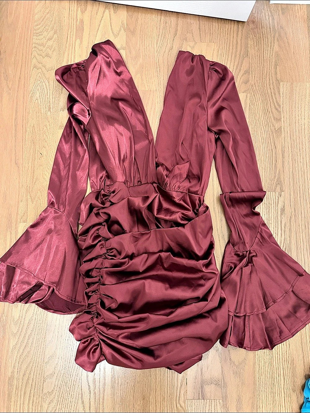 Fashion Nova Jasmine Bell Sleeve Satin Mini Dress Burgundy